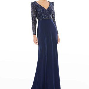 Mac Duggal Midnight Blue V-Neck Long Sleeve Empire Waist Gown